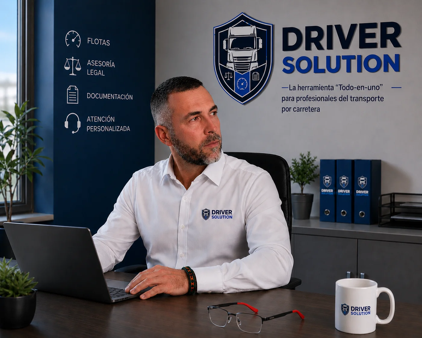 Pedro Mulero Sánchez, conductor profesional y fundador de Driver Solution, trabajando en su oficina
