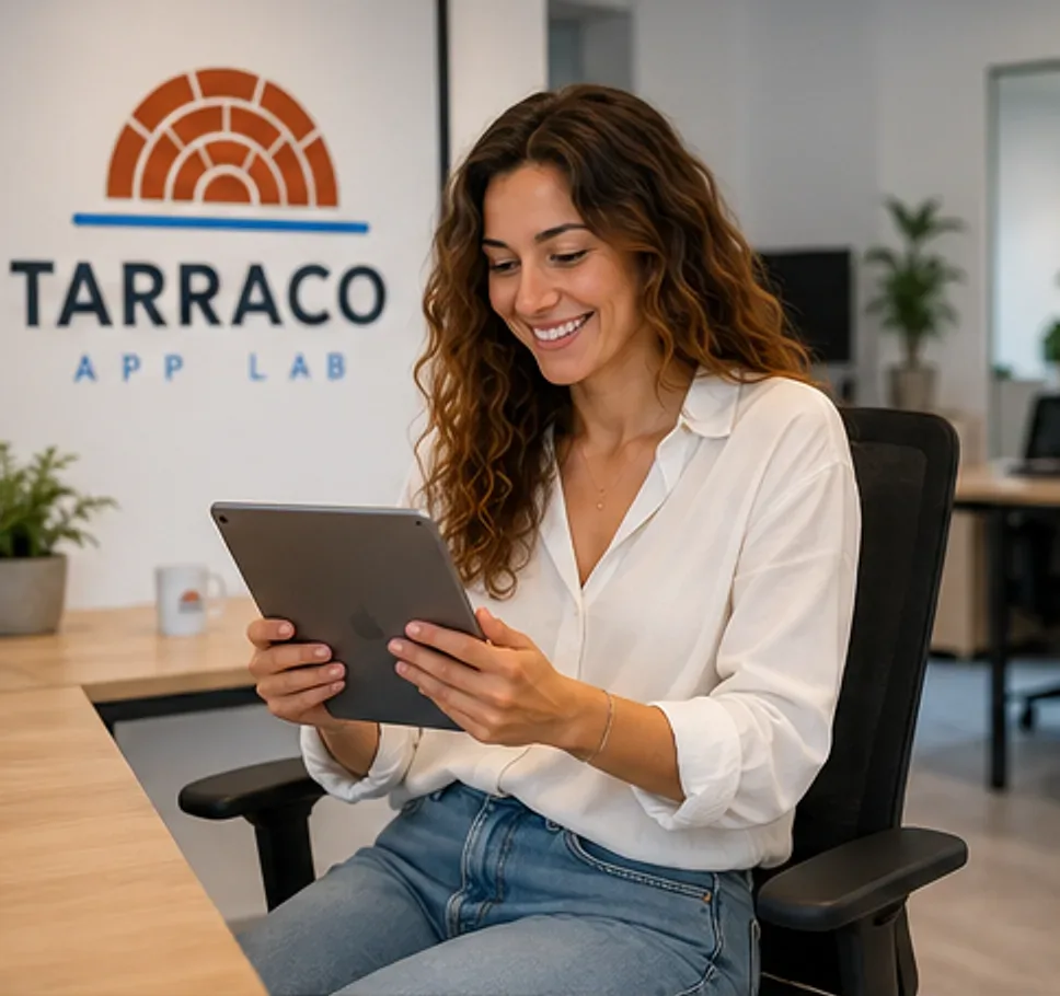 Una integrante del equipo de Tarraco App Lab revisa el trabajo en una tableta en la oficina